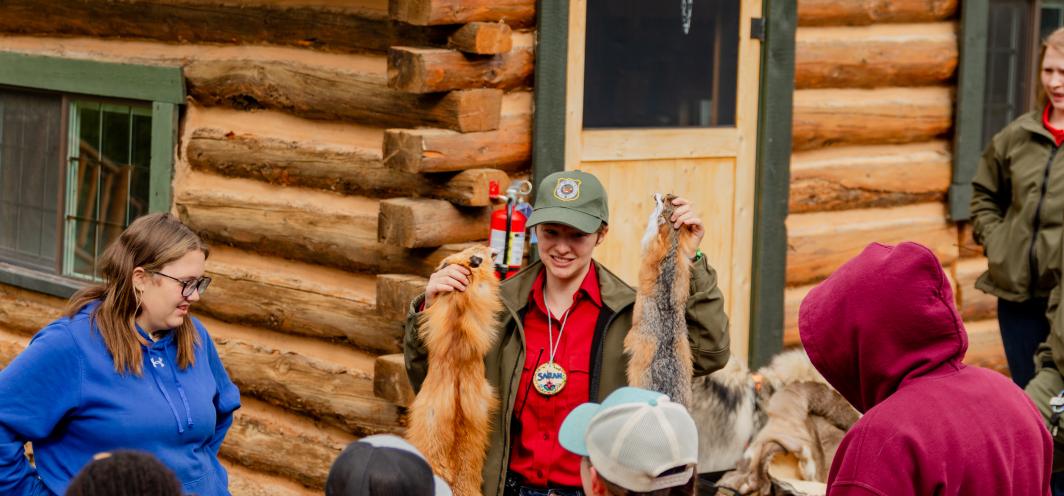 UW student participating in the wildlife fellowship program | Helping with youth education event - pelt ID