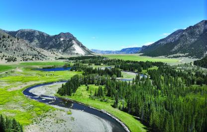 An aerial view of the Sunlight Creek stream and riparian restoration project in the Cody Region.