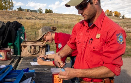 Biologists conducting tests at CWD checkstation