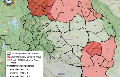 A map depicting hunt areas for deer that are focus areas and mandatory areas for chronic wasting disease sampling. 