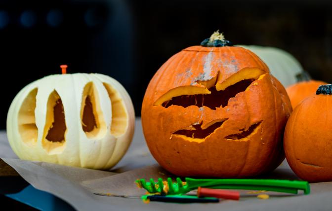 Carved pumpkins with bats