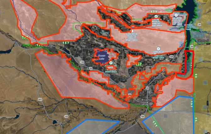 Aerial map of 2025 mule deer capture areas near Riverton, Wyoming