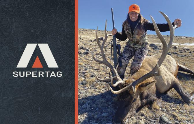Super Tag Logo with hunter posing with harvested bull elk.